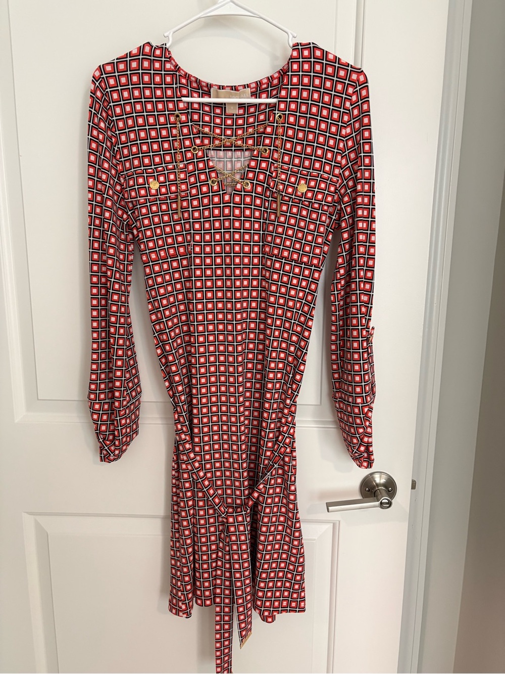 MICHAEL KORS NWOT Geometric Print Orange White and Black Belted Dress. Size S